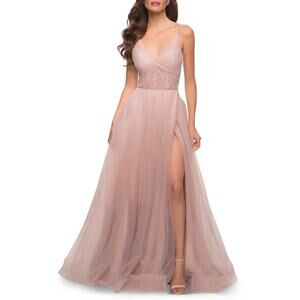 La Femme Illusion Blush Dusty Pink Sheer Bodice A-Line Tulle Ballgown
